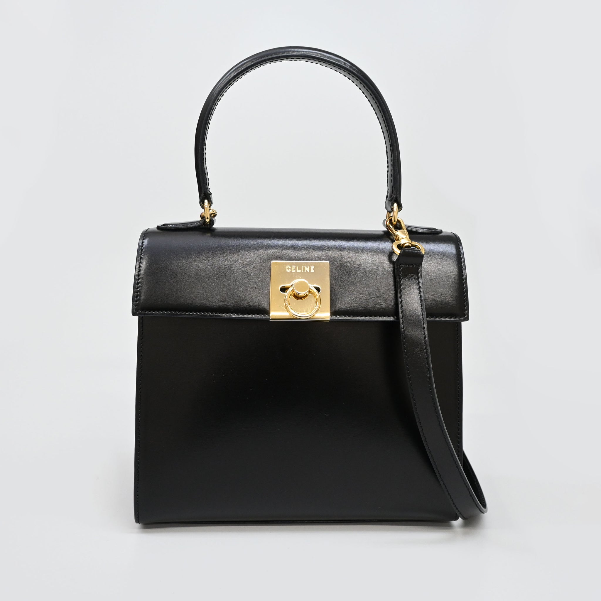 【美品】セリーヌ ガンチーニ ハンドバッグ ダブルフラップ レザー 黒 手提げ鞄 CELINE 極 美品 セリーヌ ガンチーニ 金具 ダブルフラップ