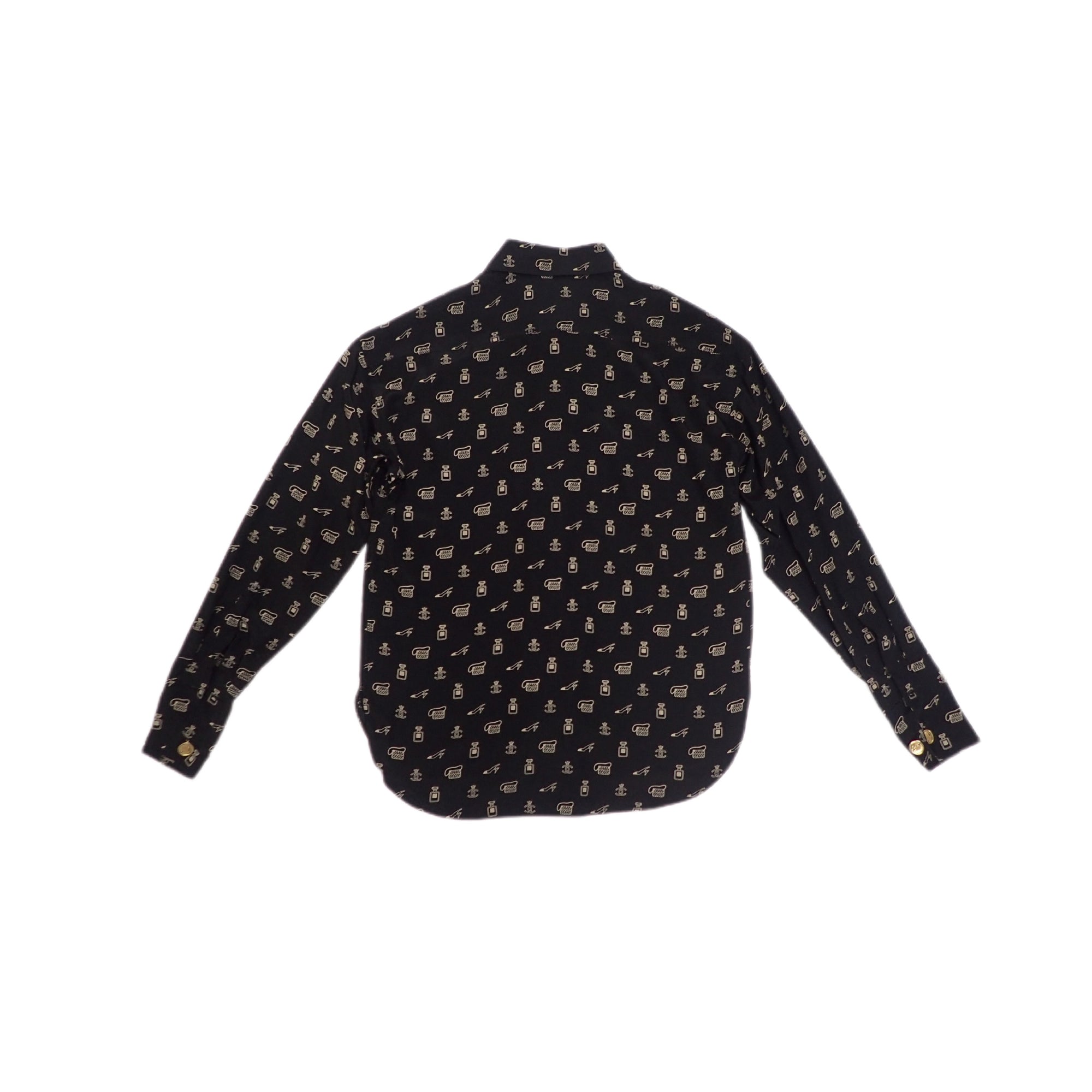 b948/シャネル/ブラウス/シャツ/柄/黒ブラック系色味/サイズ３４XS/ココマーク/シルク１００％/レディース女性用/1st ブラック（黒）系 CHANEL(シャネル) ブラウス・シャツ(レディース